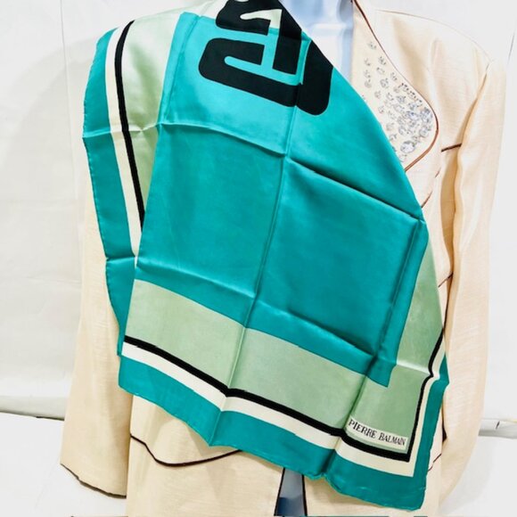 #38) Vintage  Pierre Balmain mini scarf 100% silk satin, 22"  dark navyBlue (38 - Picture 5 of 8